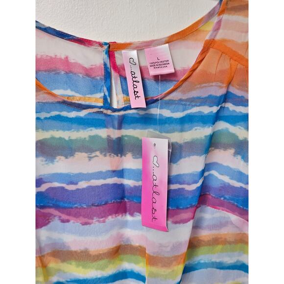 Y2k Rainbow Sheer Rainbow Striped Blouse Sz L Cropped Tie Front Festival NWT - Picture 2 of 4